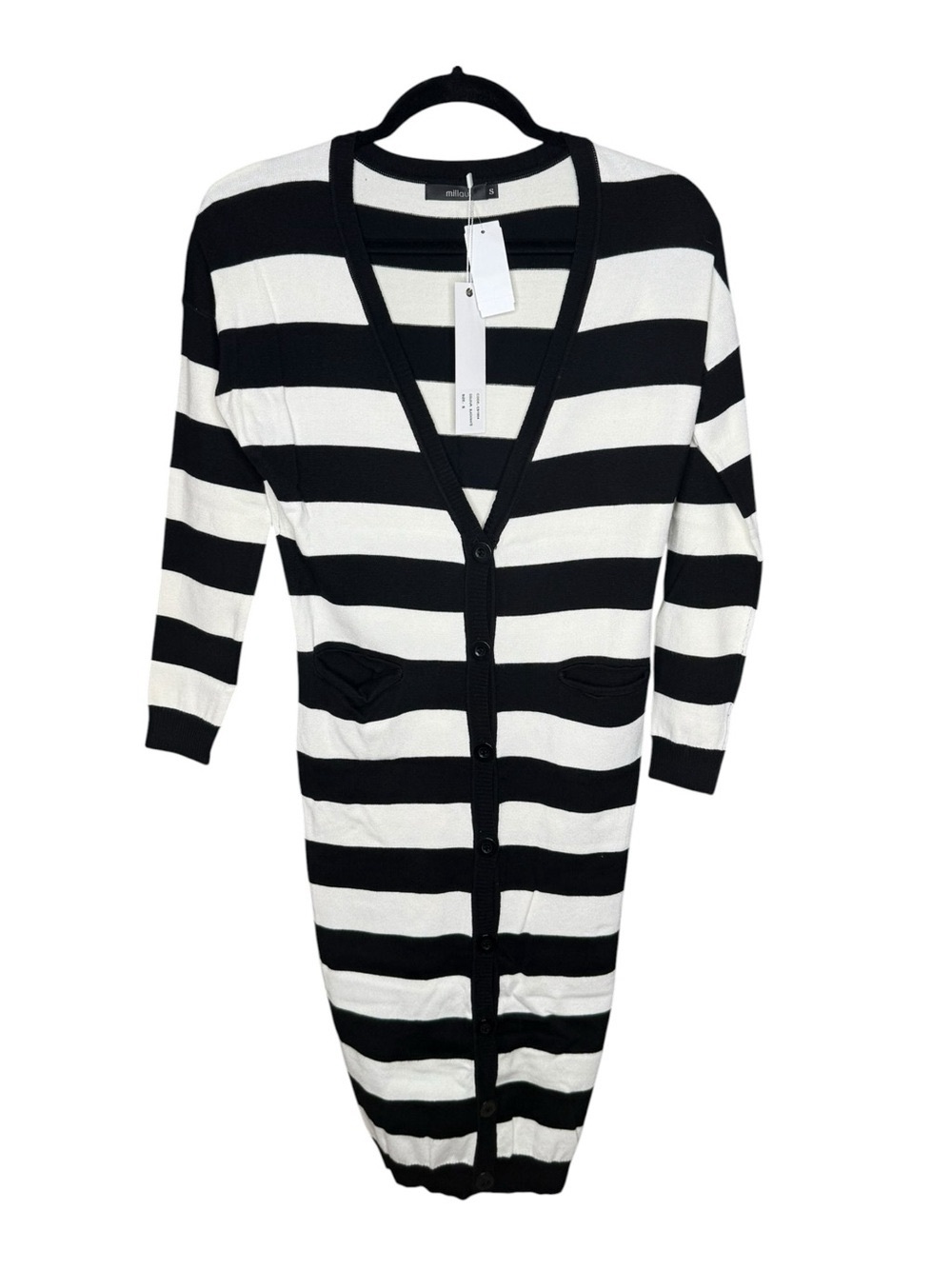 new LF Millau ᯾ Stripe V Neck Long Cardigan Duster Sweater ᯾ Black + White - Picture 4 of 16